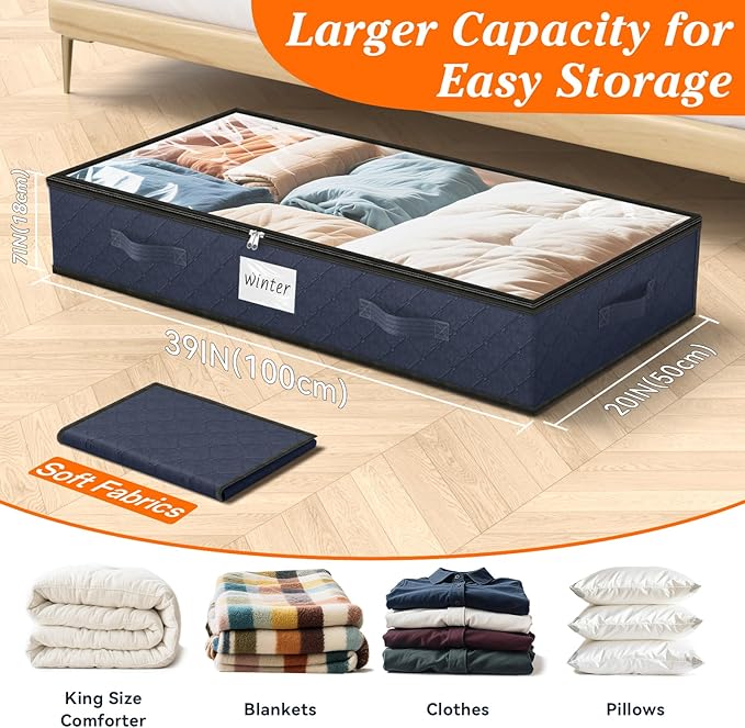 SpaceWhisper 90L Under Bed Storage Containers, 2-Pack Storage Bins with Clear Top, Foldable Closet Organizers and Storage with Label Holder for Clothing, Blankets, Comforter & Pillows(Blue)