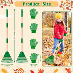 2 Pcs 35'' Kids Rakes for Leaves - Plastic Rake Head with 2 Pairs Kids Gloves, Small Kids Lawn Rakes Detachable Wooden Handle, Autumn Garden Tool Set for Kids Boys and Girls, Green, 3yr+