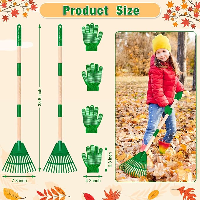 2 Pcs 35'' Kids Rakes for Leaves - Plastic Rake Head with 2 Pairs Kids Gloves, Small Kids Lawn Rakes Detachable Wooden Handle, Autumn Garden Tool Set for Kids Boys and Girls, Green, 3yr+