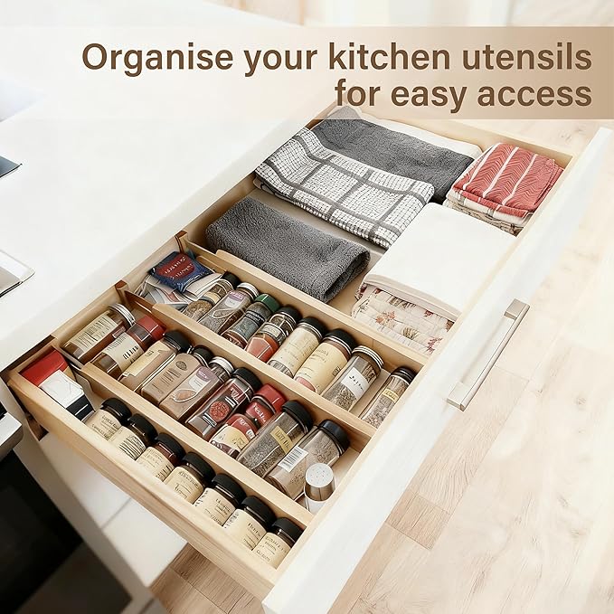 Bamboo Drawer Divider Set of 8, Adjustable Spring-Loaded Drawer Organizer (16.9"-22.2"), 2.3" Height, Suitable for Kitchen, Desk, Bathroom, Clothing, and Miscellaneous Drawer Organization, Natural