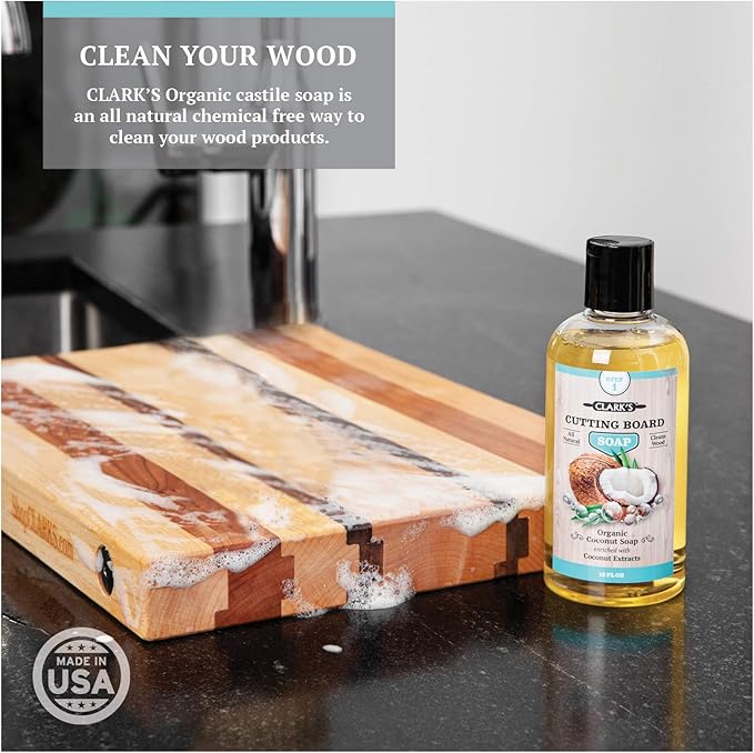CLARK'S Cutting Board Care Kit with Coconut Oil - Includes Wax, Soap, Scrub Brush, Buffing Pad, and Applicator - for Kitchen Countertops, Butcher Blocks, Wooden Bowls and Utensils - Food Safe