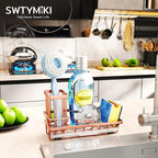 SWTYMIKI Sink Caddy Kitchen Sink Organizer with Detachable Brush Holder, Stainless Steel Sponge Holder with Removable Drip Tray Sponge Caddy for Kitchen Countertop, Rose Gold