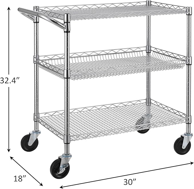 Finnhomy 3 Tier Heavy Duty Commercial Grade Utility Cart, Wire Rolling Cart with Handle Bar, Steel Service Cart with Wheels, Utility Shelf Plant Display Shelf Food Storage Trolley, NSF Listed