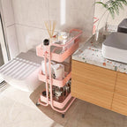 Metal Rolling Storage Cart, 3-Tier Utility Cart with Wheels, Multifunctional Organizer Storage for Kitchen, Bedroom, Office, Laundry Room, Dorm Room Essentials (Pink)