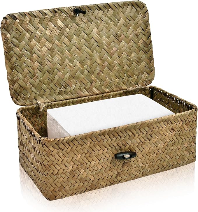 Dryer Sheet Holder, Woven Seagrass Dryer Sheet Container with Lid, Farmhouse Dryer Sheet Box Decor, Dryer Balls Dispenser for Laundry Room Organization and Storage-Natural Color