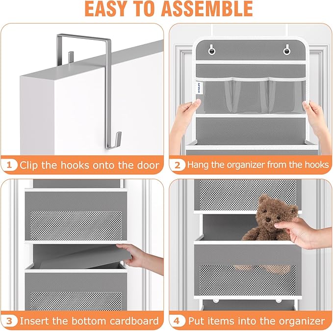 WISELIFE Over The Door Organizer - 6 Shelves Detachable Hanging Bedroom Storage Solution with 5 Large Pockets and 3 PVC Pockets for Dorm Bathroom, Pantry Nursery Baby Essentials (Grey)