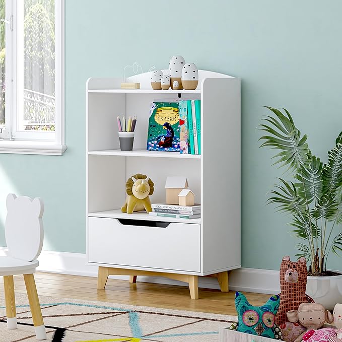 UTEX Kids Bookshelf, Children Bookcases with Storage and Drawer, Wood Kids Toy Storage Organizer for Playroom, Nursery School, White