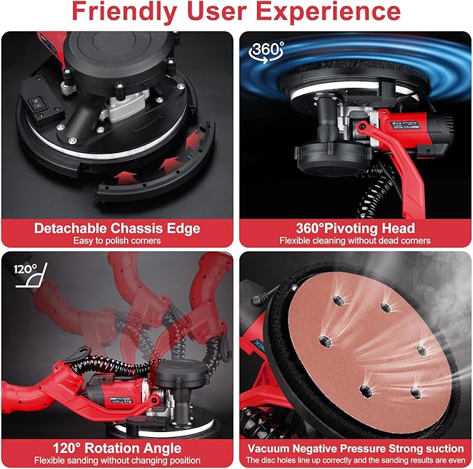 Drywall Sander, 1000W Popcorn Ceiling Removal Tool, Foldable Automatic Drywall Sander with Vacuum Dust Collection, LED Light, 6 Variable Speed 800-2200RPM,15Pcs Sanding Discs (Red）