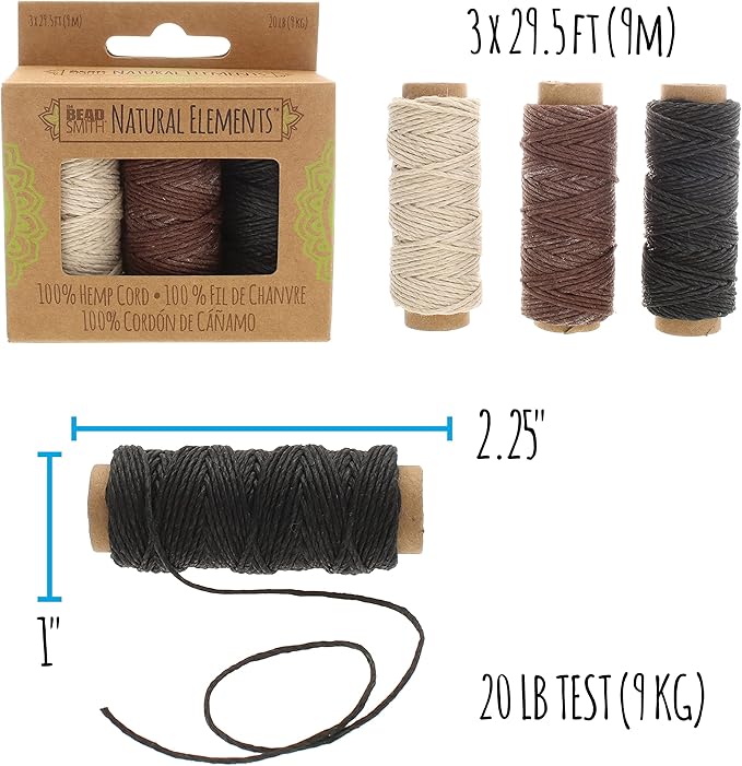 The Beadsmith 100% Hemp Cord – 3 Spools in Black, Brown & Natural – 1mm, 29.5 Foot Each, 20LB Test Strength