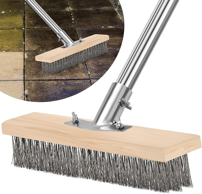 Stainless Steel Pool Scrub Brush with Adjustable Handle, Heavy Duty Stiff Bristle Scrubber for Rough Surfaces, Moss Removal, and Tough Stains on Concrete, Grout, Patio, Garage & Pool