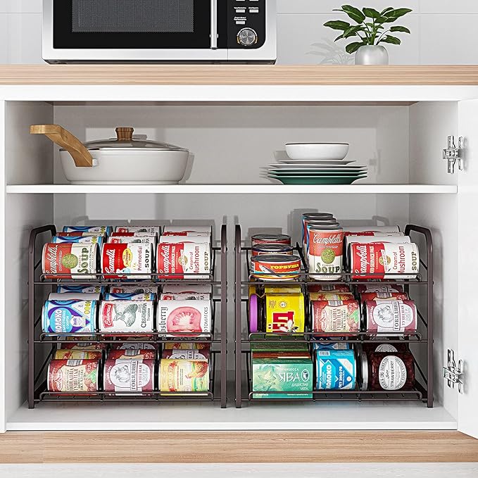 AIYAKA 3 Tier Stackable Can Rack Organizer–12.2" D x 16.6" W x 14.5" H,for food storage,kitchen cabinets or countertops,Storage for 36 cans,Bronze