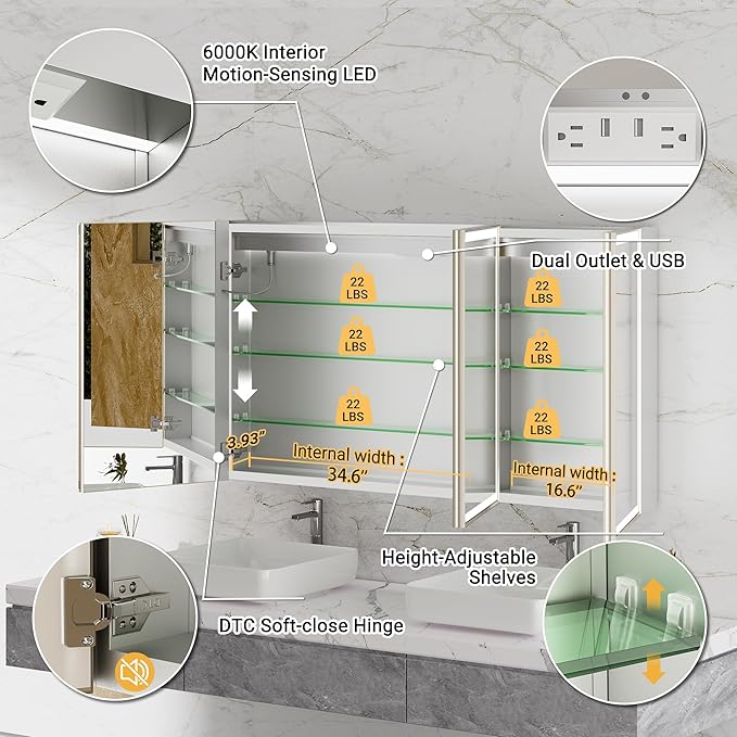 54x30 Lighted Medicine Cabinet with Mirror, Beveled Brushed Nickel Framed Surface or Recessed Fogless Dimmable LED Medicine Cabinet with Outlet, Time Display and Sensor Inner Light