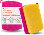 3-in-1 Silicone Scrubber Sponge with Squeegee – Non-Scratch Kitchen Sponge for Dishes, Sink & Bathroom, Quick-Dry, Reusable Cleaning Tool (Pink+Yellow)