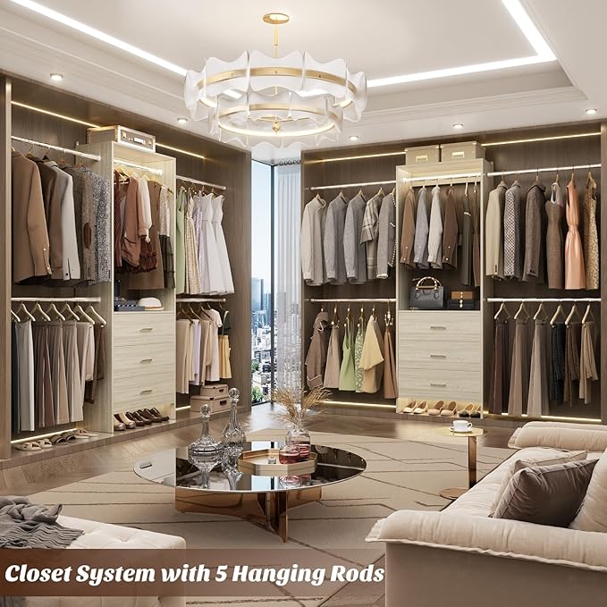 Aheaplus Closet System, Closet Organizer with 3 Wooden Drawers, Closet Organizer System, Walk-in Closet Wardrobe Clothes Rack with 4 Hanging Rods, Garment Rack, -4R,White Oak