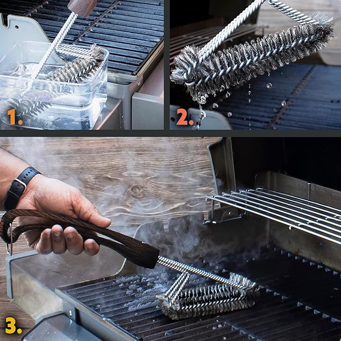 Kona 360 Clean Grill Brush - 18 inch Best BBQ Grill Brush - Wood Grain Designer Handle - Stainless Steel 3-in-1 Grill Cleaner Provides Effortless Cleaning