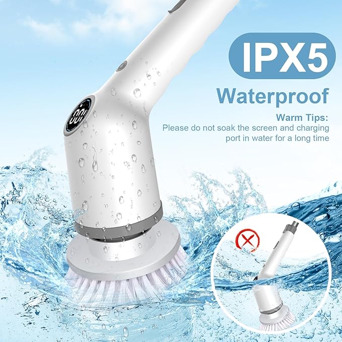 Electric Cleaning Brush, Cordless Electric Spin Scrubber with Long Handle, 3 Brushes, 5 Cleaning Pads, Portable Charging Base