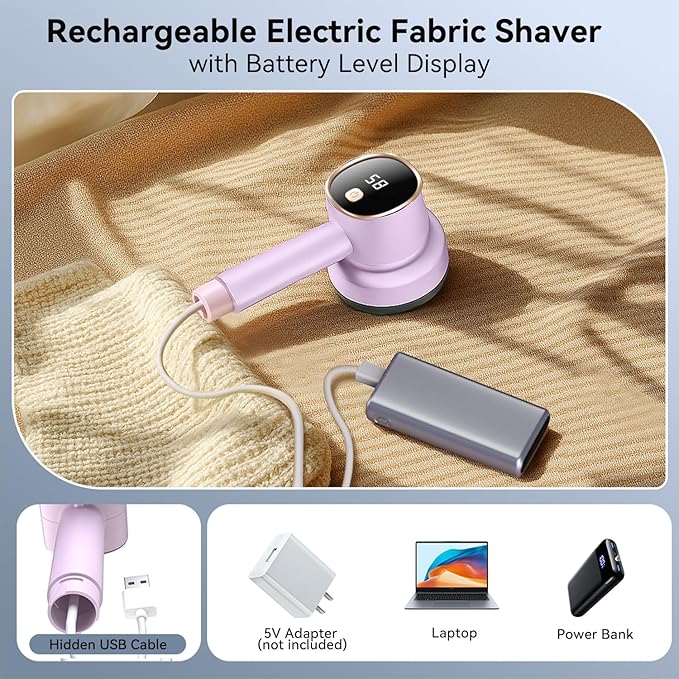 Fabric Shaver Lint Remover: Rechargeable Lint Shavers for Clothes with LED Display 3 Speeds and 6-Leaf Blades, Portable Electric Lint Shaver to Remove Fuzz Ball Pilling from Sweater Furniture