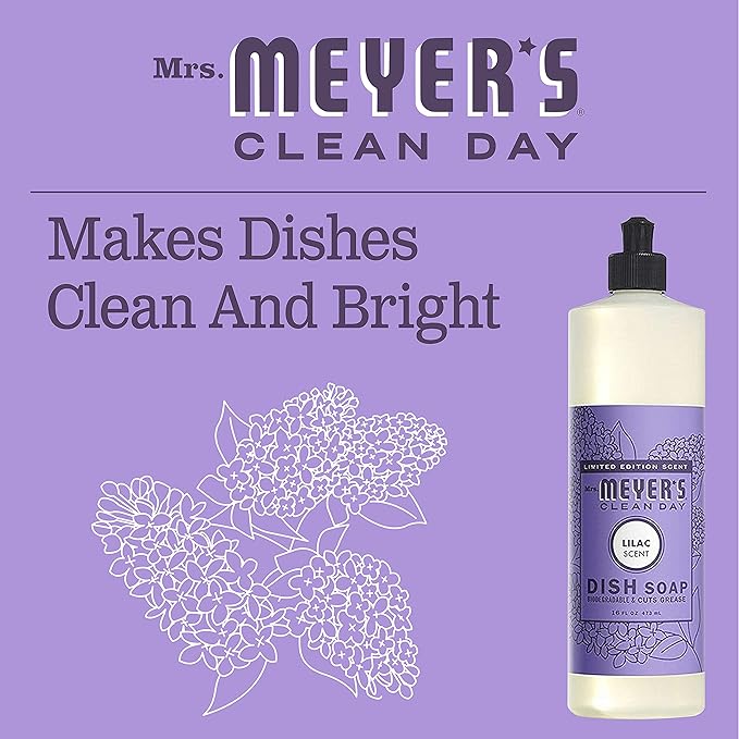 MRS. MEYER'S CLEAN DAY Liquid Dish Soap, Biodegradable Formula, Lilac, 16 fl. oz - Pack of 6