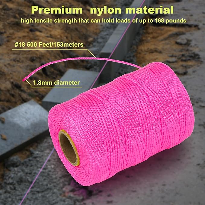 IMAGE 6 Roll Mason Line String Line - #18 Braided Nylon String - 500 Ft Length - Nylon with Reloadable Line Reel Twine for Gardening Or Masonry Tools, Perfect Construction String (Pink)