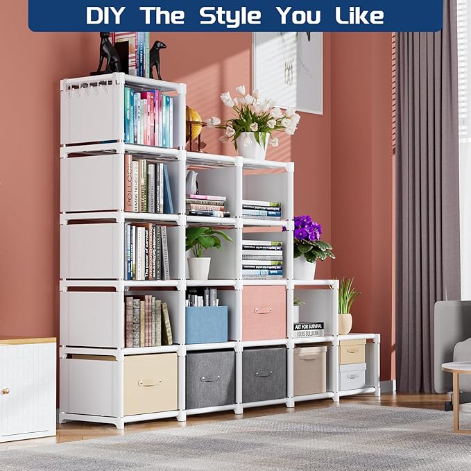 Mavivegue Book Shelf, 18 Cube Storage Organizer, DIY Bookcase, Metal Cube Bookshelf, Tall Book case for Bedroom, Living Room, Office, Closet Storage Organizer, Black Cubicle Storage Rack-White