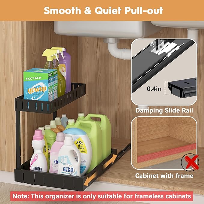 REALINN Under Sink Organizer, 2 Tier Expandable Under Cabinet Organizer, Heights Adjustable Pull Out Storage for Kitchen Bathroom Laundry, Black, 1 Pack