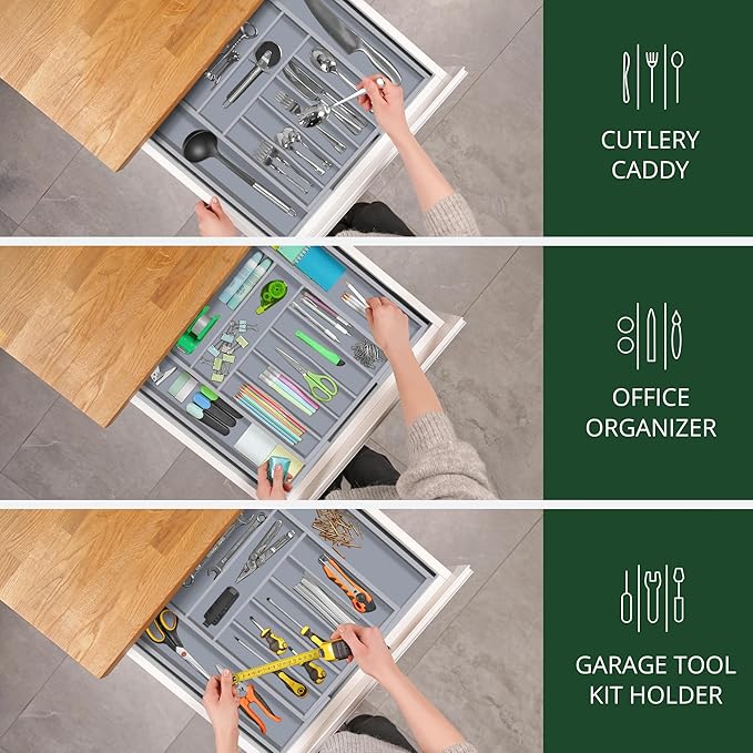 Luxury Bamboo Kitchen Drawer Organizer - Silverware Organizer - Utensil Holder and Cutlery Tray with Grooved Drawer Dividers for Flatware and Kitchen Utensils (9 Slot, Gray)