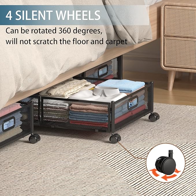 Under Bed Storage Containers, Shoe Storage With Wheels, Foldable Bedroom Storage Organization with Handles, Under Bed Storage Bins Drawer For Clothes, Blankets And Shoes, Bedding (2 Pack, Black)