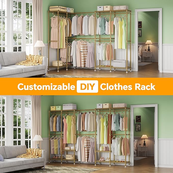 H5 Pro Heavy Duty Clothes Rack Wardrobe Closet for Hanging Clothes, Freestanding Garment Rack with Expandable Hanger Rods, Closet Organizer and Storage, (97.7-115.4")L x 15.7"W x 75.4"H, Gold