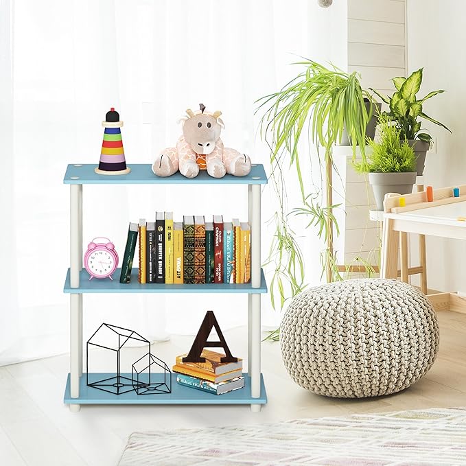 Furinno TURN-N-TUBE Storage Shelves, 3-Tier Book Shelf, Corner Shelf, Toolless Open Shelves, for Organization and Storage, Living Room, Garage, Home Office, Light Blue
