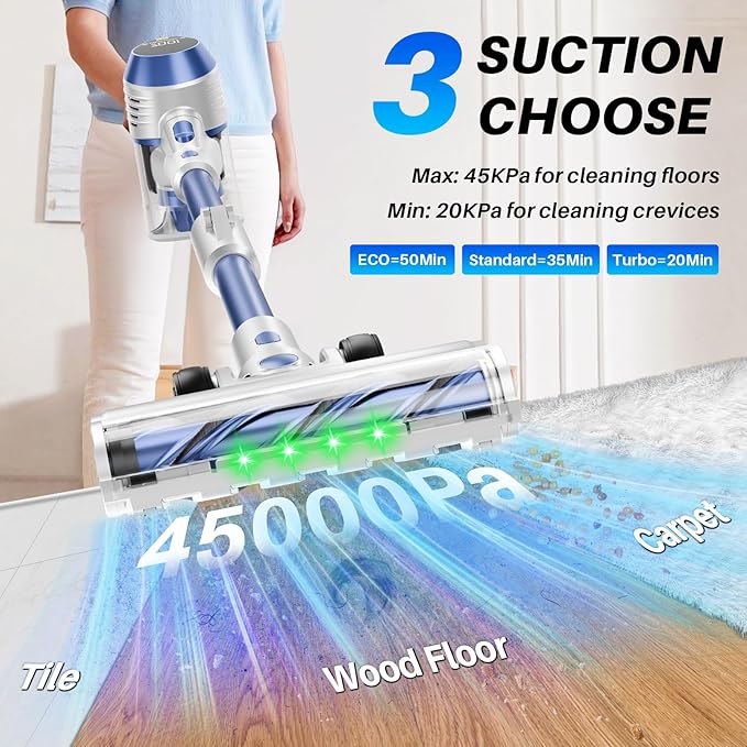 Cordless Vacuum Cleaner - Powerful, 45Kpa Home Stick Vacuum, 180°Bendable Wand & Removable Battery, Up to 50 Mins, 8 in 1 Self-Standing Vacuum, Wall Mount Charging for Hardfloor, Carpet Blue