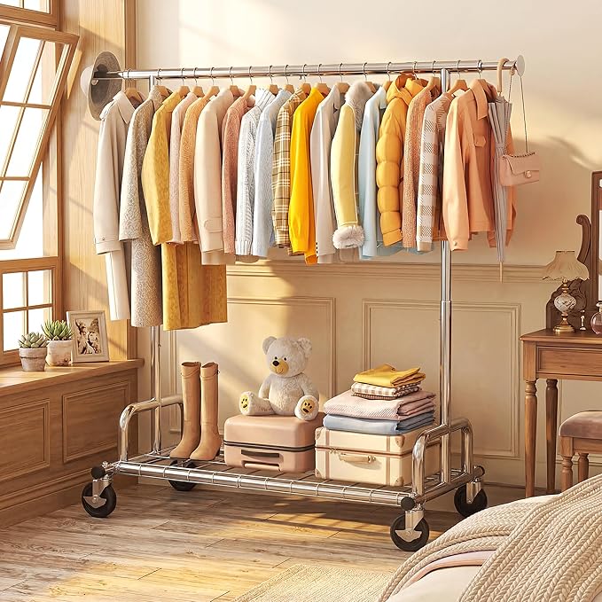 HOKEEPER Heavy Duty Clothes Rack Load 525 LBS, 75''W Adjustable Garment Rack, Rolling Clothing Rack for Hanging Clothes with Lockable Wheels, Portable Collapsible Closet Rack for Bedroom Laundry Room