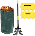 Leaf Rake, 11 Tines 9" Wide Metal Garden Rake for Leaves with 32 Gallon Leaf Bags and Scoops, Small Lawn Collapsible Yard Rakes for Camping Mulch Shrub Long Handle 30-70