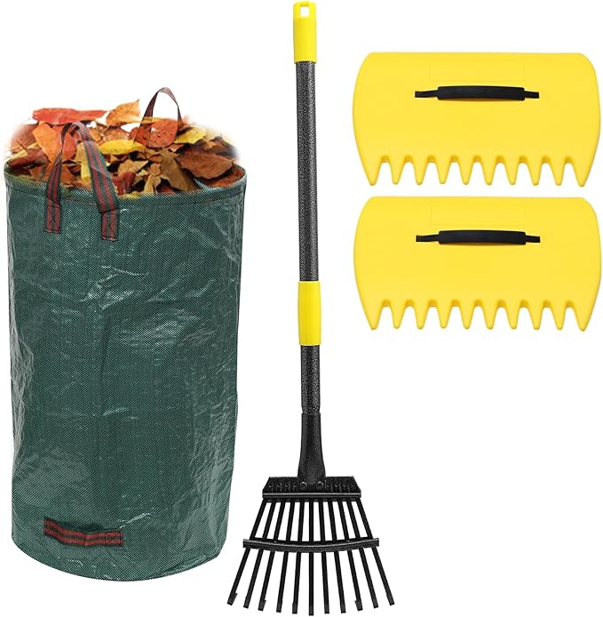 Leaf Rake, 11 Tines 9" Wide Metal Garden Rake for Leaves with 32 Gallon Leaf Bags and Scoops, Small Lawn Collapsible Yard Rakes for Camping Mulch Shrub Long Handle 30-70