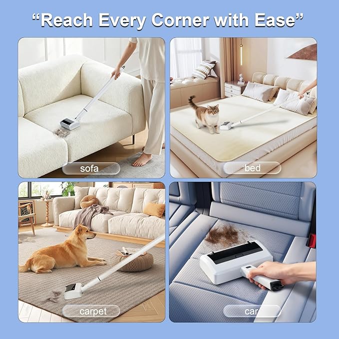 Electric Pet Hair Remover for Dogs & Cats, Rechargeable Lint Roller with Adjustable Handle, Portable Hair Cleaner for Sofa, Carpet, Bed, Car, Multi-Surface Fur Removal Tool (White, Electric)