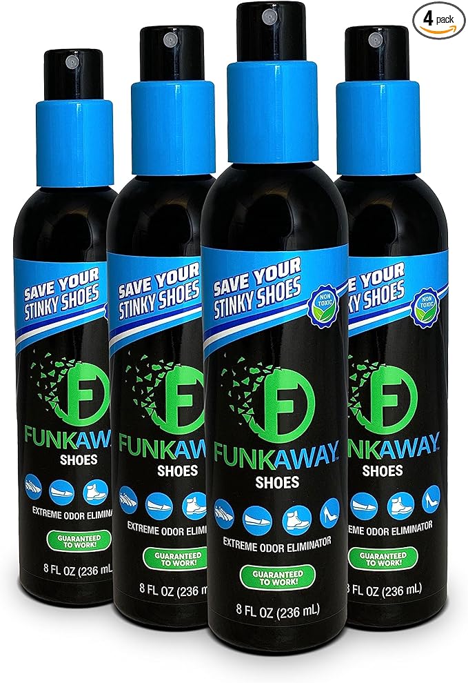 FunkAway Odor Eliminating Spray for Shoes, Skates, Work Boots & More, 8 oz., 4 Pack, Extreme Odor Eliminator, Perfect for Stinky Stuff You Can't Put in the Wash