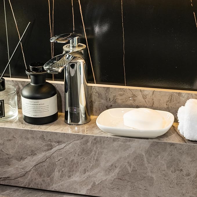 Soap Dish Soap Holder Shower, Ceramic Soap Dishes for Bar Soap Sponge, Shower Soap Dish Soap Saver Tray for Bathroom Kitchen Sink, Easy to Clean, White