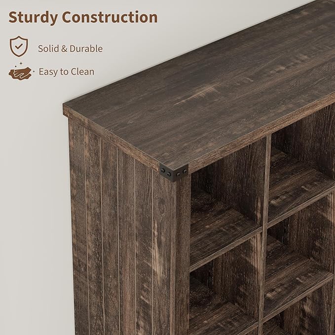 GarveeHome 9 Cube Storage Organizer Bookshelf, 4 Tier Farmhouse Horizontal Bookcase, 37.4 Inch Wood Storage Bookcase for Entryway, Long Low Bookshelves for Living Room-Black Oak