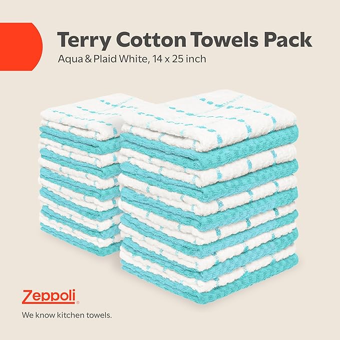 Zeppoli Classic Kitchen Towels - 12 Pack 100% Natural Cotton Towel Set, Reusable Wash Cloths, Absorbent Dish Towels, Machine Washable Hand Towels, Kitchen Essentials - 15” by 25” - Aqua