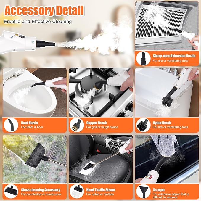 2500W High Pressure Steam Cleaner with One-Button Adjustment, 15 in 1 Handheld Steam Cleaner for Home, Multi-Purpose Portable Steamer for Car Detailing/Grout/Floor/Tile Dirt Remover Cleaning Tool
