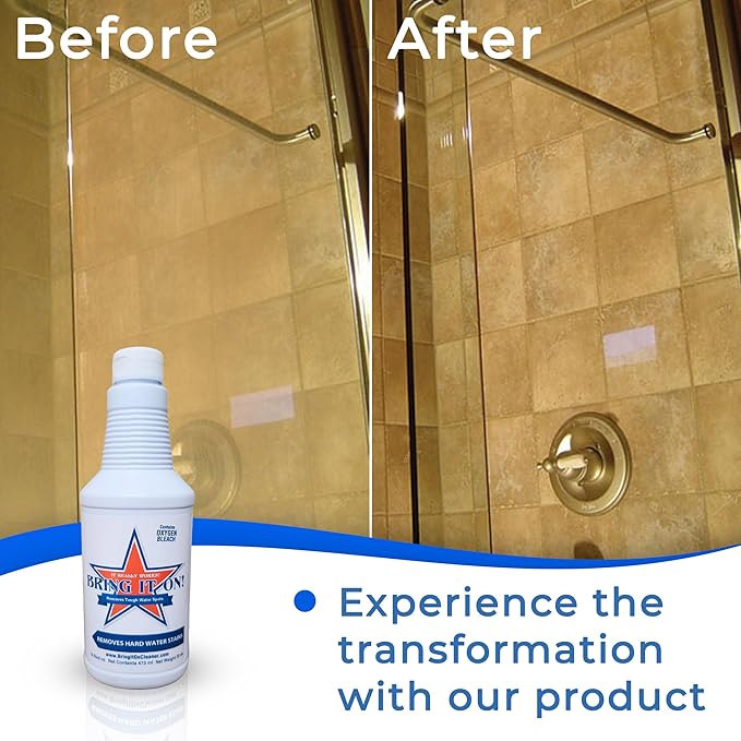 Bring It On Cleaner Hard Water Stain Remover for Glass, Soap Scum remover for Shower glass, Fiberglass, Windows, Tile and Grout Cleaner, Water Spot Remover for Glass Includes Scrubbing Drill Pads
