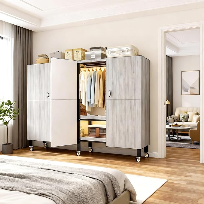 Foldable Portable Armoire Wardrobe Closet for Hanging Clothes Rack, Heavy Duty Covered Clothes Rack with Cover(HARDBOARD Magnetic), Closet Garment Rack for Bedroom Storage (KT Woodgrain Gray, 49.21in)