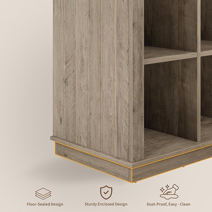 GarveeHome 9 Cube Storage Organizer Bookshelf, 4 Tier Farmhouse Horizontal Bookcase, 37.4 Inch Wood Storage Bookcase for Entryway, Long Low Bookshelves for Living Room-Grey