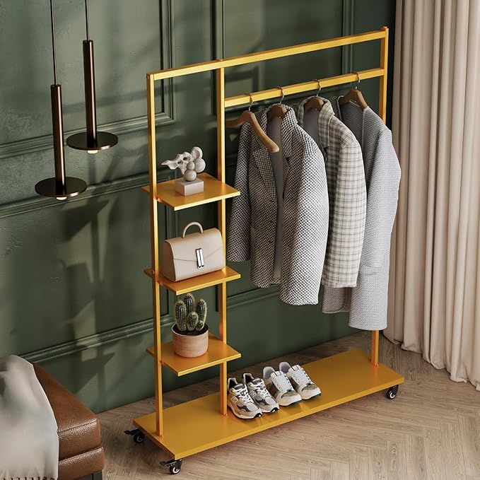 Gold clothing rack with shelves,Heavy Duty clothes rack with wheels,Rolling Garment Rack for hanging clothes with 4 flank Shelves,Portable Wardrobe Closets Organizer for Bedroom/Boutique