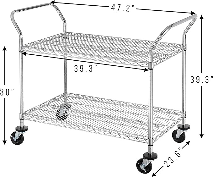 Finnhomy 2-Tier Commercial Grade Rolling Cart, Heavy Duty Utility Cart, Carts with Wheels and Handles, Kitchen Carts on Wheels, Metal Cart with 600 lbs Capacity, Shelf Size 24" D x 40" W, NSF