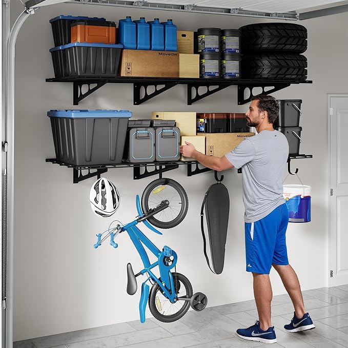 FLEXIMOUNTS 2-Pack 2x6ft Garage Shelving with Hooks, 24-inch-by-72-inch Wall Shelf Garage Storage Racks Floating Shelves, Black
