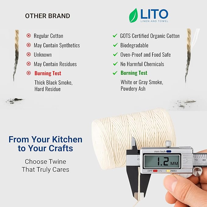 Organic Butcher’s Twine for Cooking & Trussing – 1.2mm Heavy-Duty Natural Cotton Kitchen Twine 500 Feet – Food-Safe, Oven-Safe String for Meat, Turkey, Baking, & Crafts