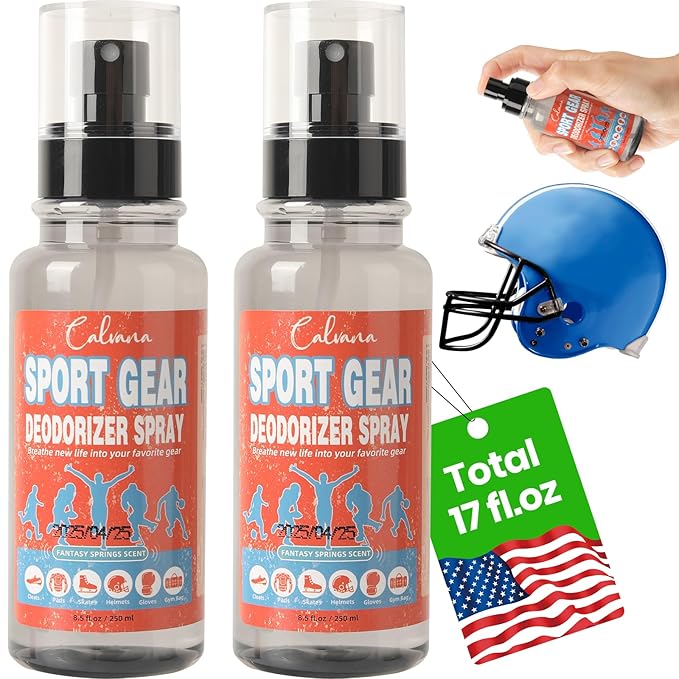 (2-Pack) Calvana 8.5 fl. oz Sports Equipment Deodorizer Spray, Heavy-Duty Odor Eliminator for Helmet, Hockey & Gym Bag, Boxing Glove, Work Boot, and Athletic Gear, Travel-Friendly, Total 17 fl.oz