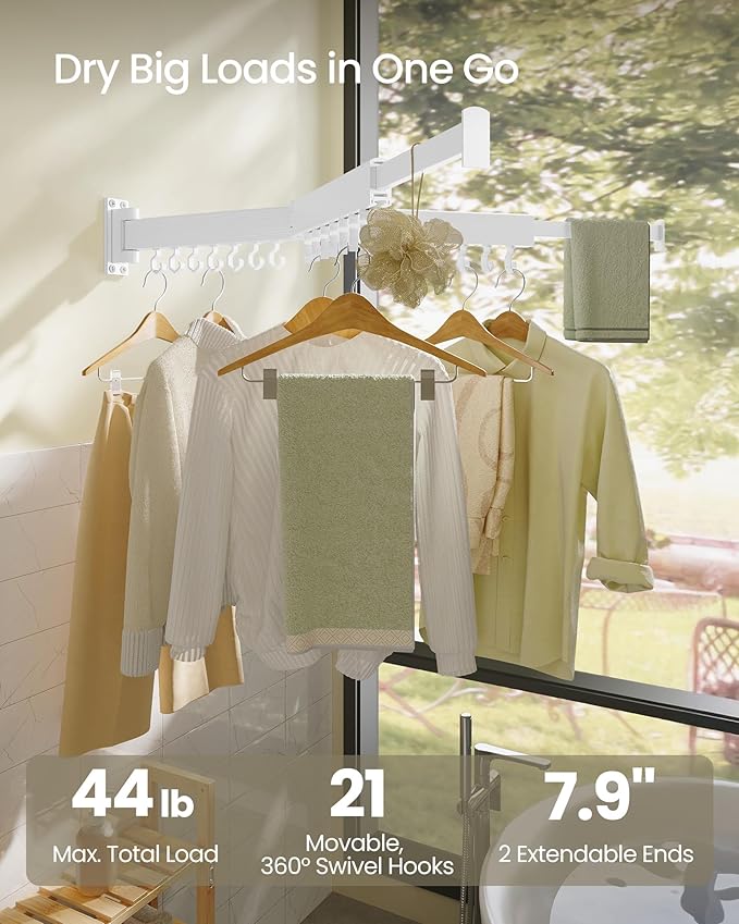 SONGMICS Clothes Drying Rack, Wall-Mounted Laundry Drying Rack, Extendable, Foldable Arms, with 21 Swivel Sliding Hooks, Space-Saving, for Laundry Room, Bathroom, Cloud White ULLR807W01