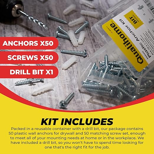 Qualihome Ribbed Plastic Drywall Anchor Kit - Wall Anchors and Screws for Drywall Includes Anchors, & Screws, 1 Masonry Drill Bit - Mounting Tolls for Decor, Furniture, Shelving (14-16 x 1-1/4")