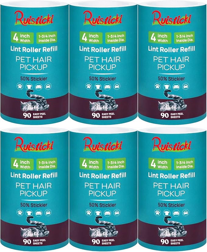 4 inch Lint Roller Refills Only for Scotch Brite Lint Roller Pet Hair Pickup Extra Sticky 90 Sheets per Refill 6 Pack - 540 Easy-Tear Adhesive Sheets Total (Inside Dia. 1 3/4 inch)